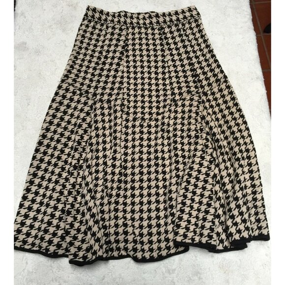 Womens Jacquard Pleated Flared Chic Skirt Houndstooth Pattern Black Beige Casual - Picture 2 of 6